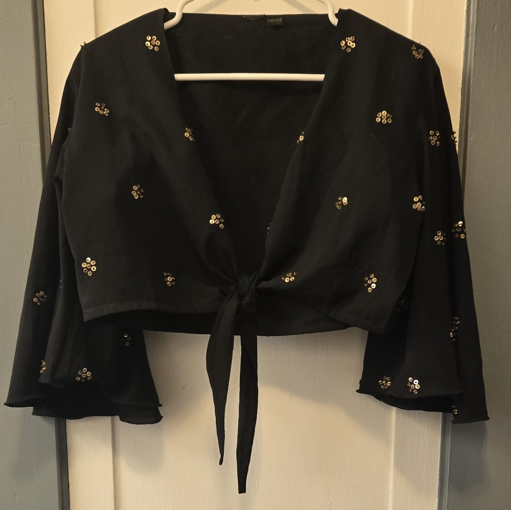 Black with gold sequin pattern halter style top